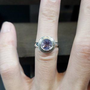 Size 6 Sterling Silver Unique Cut Round Amethyst Ring